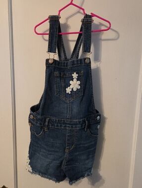 Jordache Dark Blue Denim Short Overalls with White Floral Applique